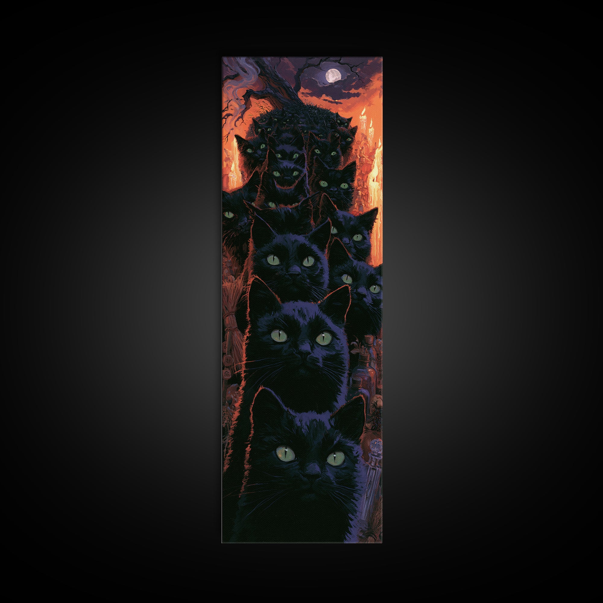 The Black Cat Gathering, Macabre Victorian Decor, Tall Narrow Wall Art, Framed Canvas Print, Gothic Wall Decor, Halloween Portrait Art