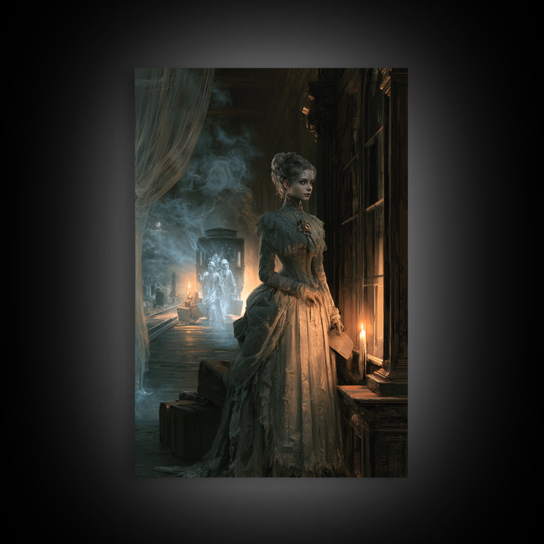 The Ghost Train Arrival, Antique Gothic Portrait, Vertical Wall Art, Framed Canvas Print, Gothic Wall Decor, Halloween Portrait Art