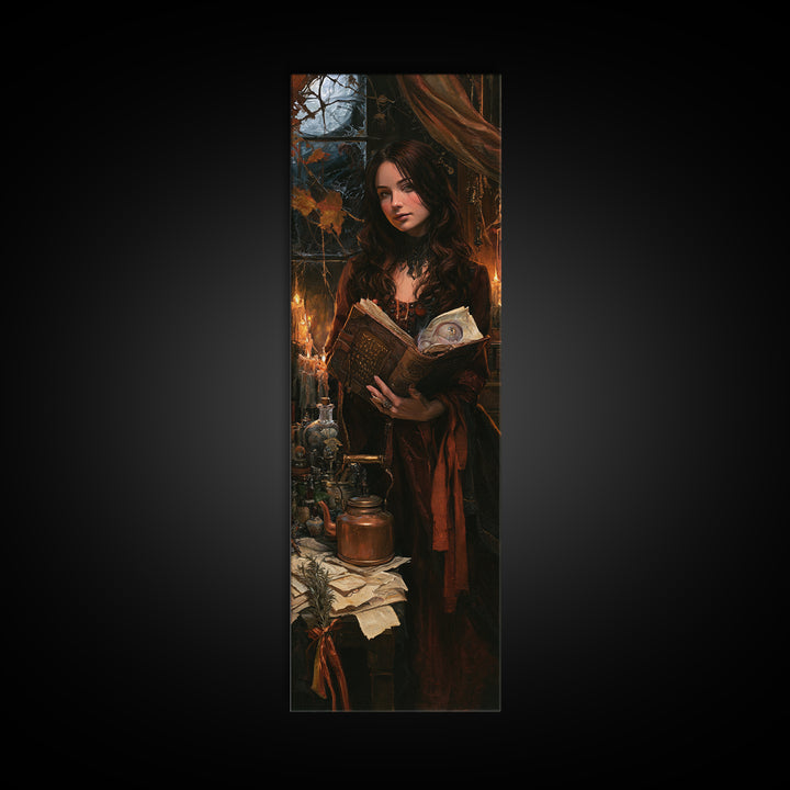 The Living Spellbook, Antique Gothic Portrait, Tall Narrow Wall Art, Canvas Print, Gothic Wall Decor, Halloween Portrait Art