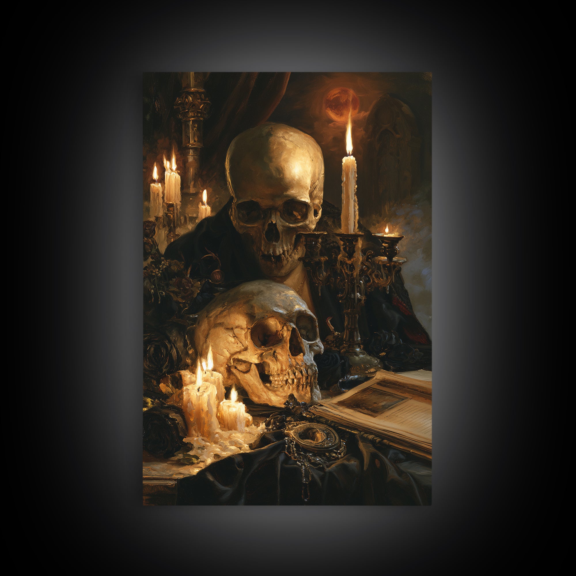 The Talking Skull, Dark Academia Wall Art, Vertical Wall Art, Framed Canvas Print, Gothic Wall Decor, Halloween Portrait Art