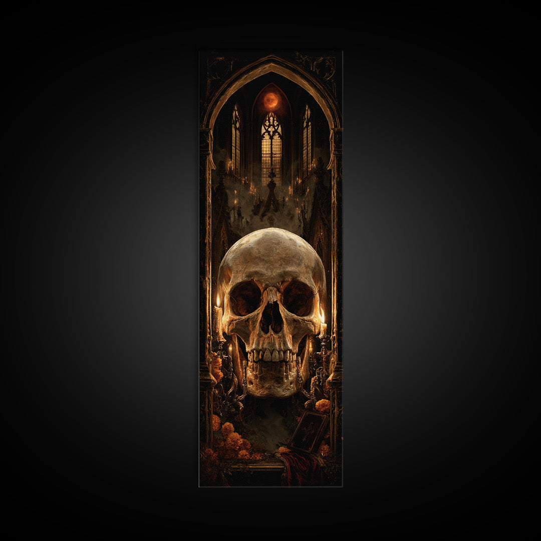 The Talking Skull, Dark Academia Wall Art, Tall Narrow Wall Art, Framed Canvas Print, Gothic Wall Decor, Halloween Portrait Art