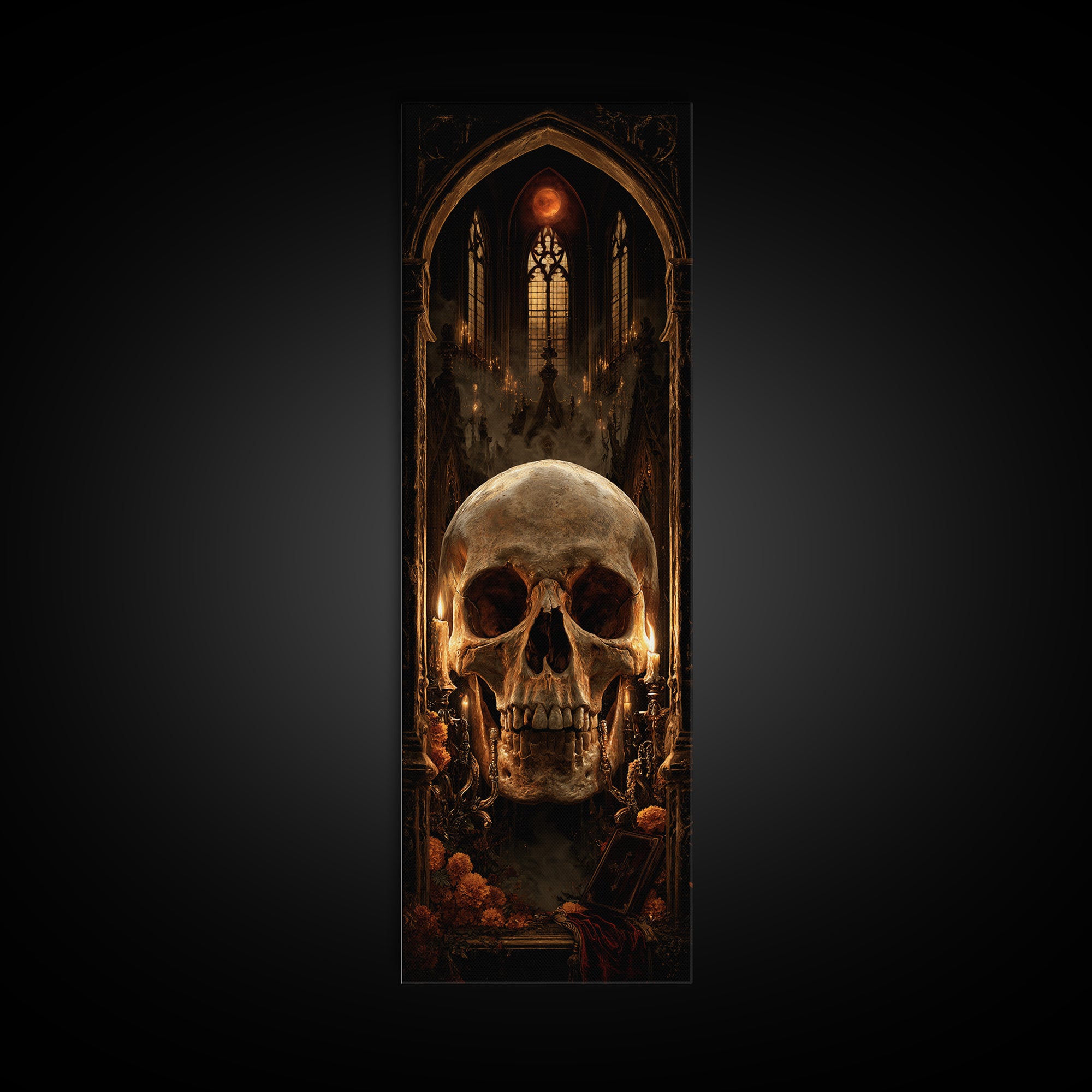 The Talking Skull, Dark Academia Wall Art, Tall Narrow Wall Art, Framed Canvas Print, Gothic Wall Decor, Halloween Portrait Art