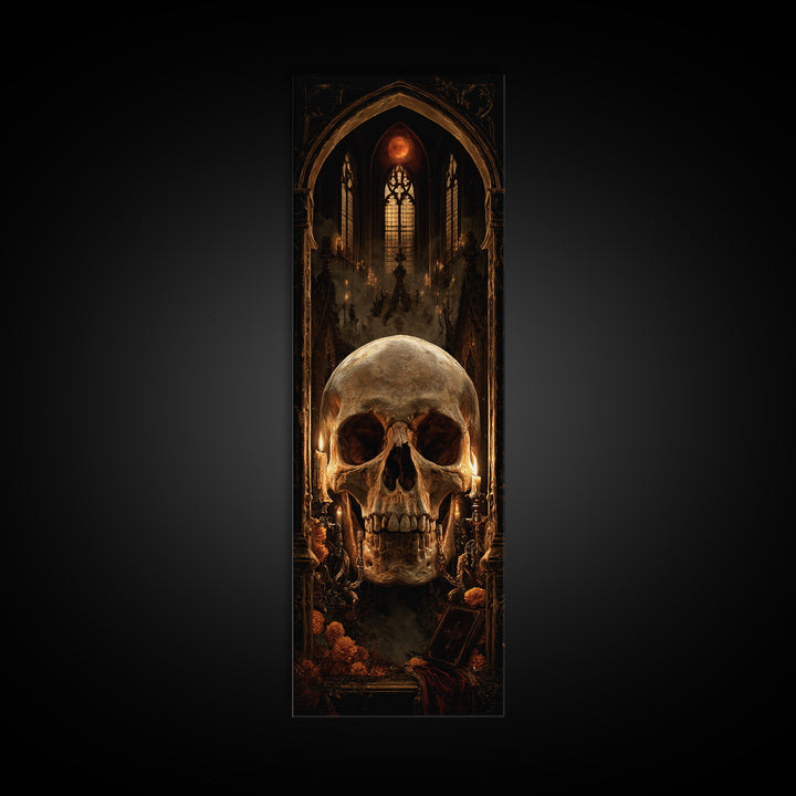 The Talking Skull, Dark Academia Wall Art, Tall Narrow Wall Art, Framed Canvas Print, Gothic Wall Decor, Halloween Portrait Art