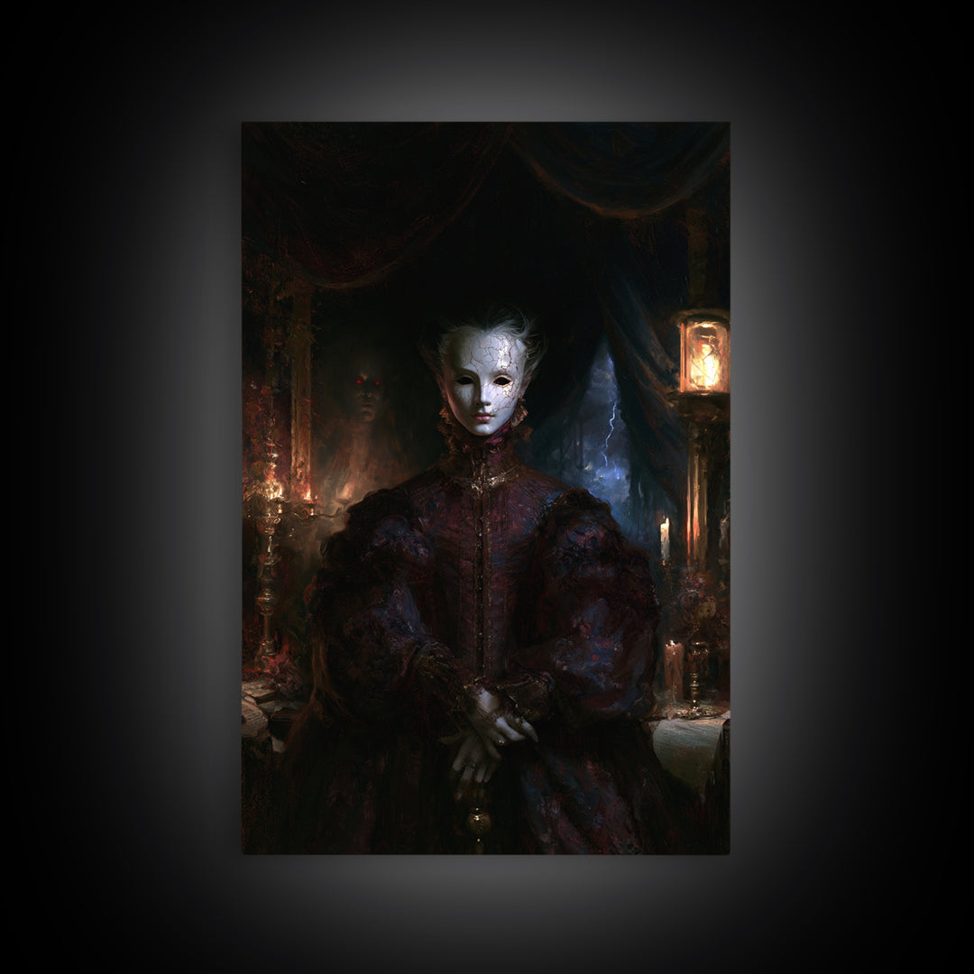 The Cracked Porcelain Mask, Antique Gothic Portrait, Vertical Wall Art, Framed Canvas Print, Gothic Wall Decor, Halloween Portrait Art