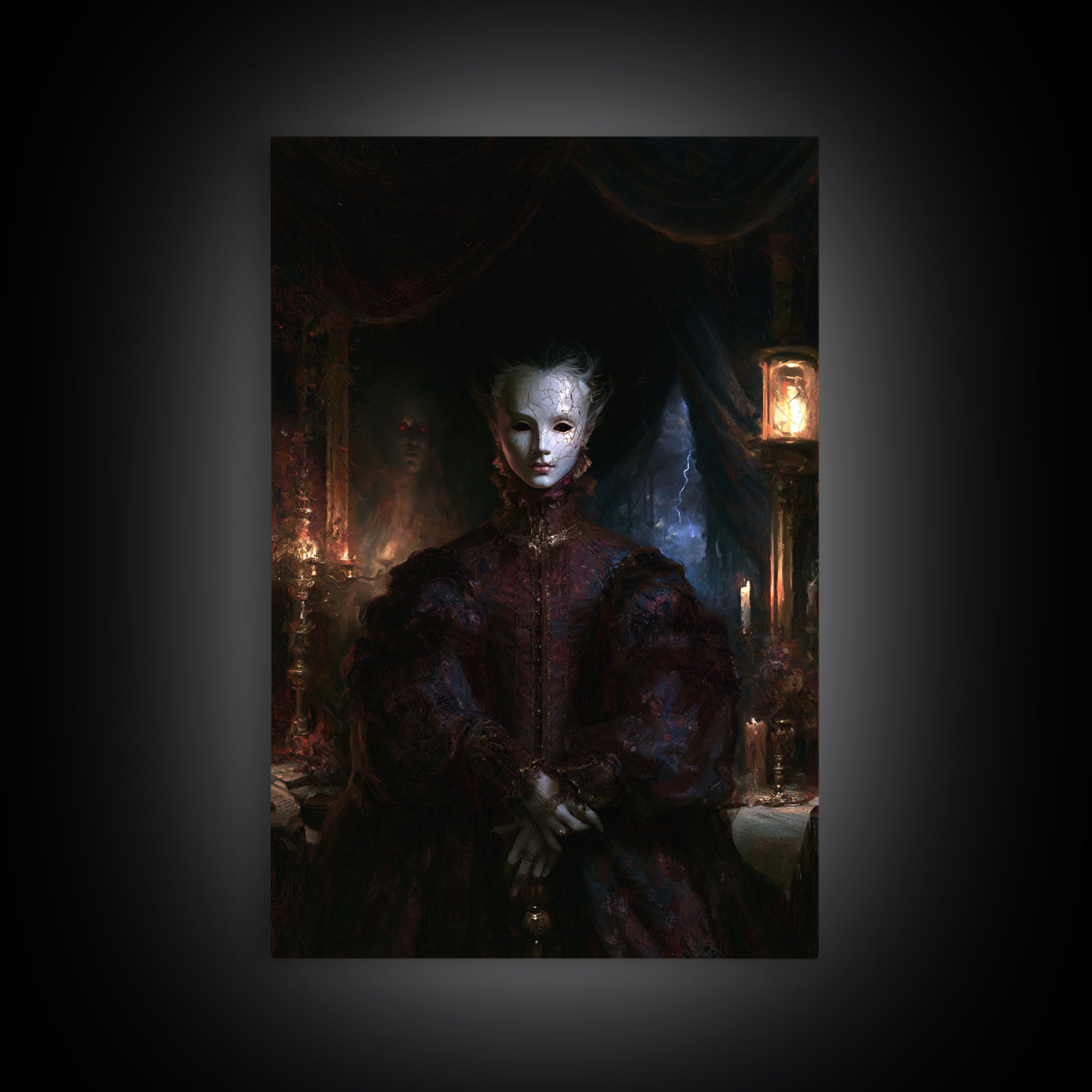 The Cracked Porcelain Mask, Antique Gothic Portrait, Vertical Wall Art, Framed Canvas Print, Gothic Wall Decor, Halloween Portrait Art