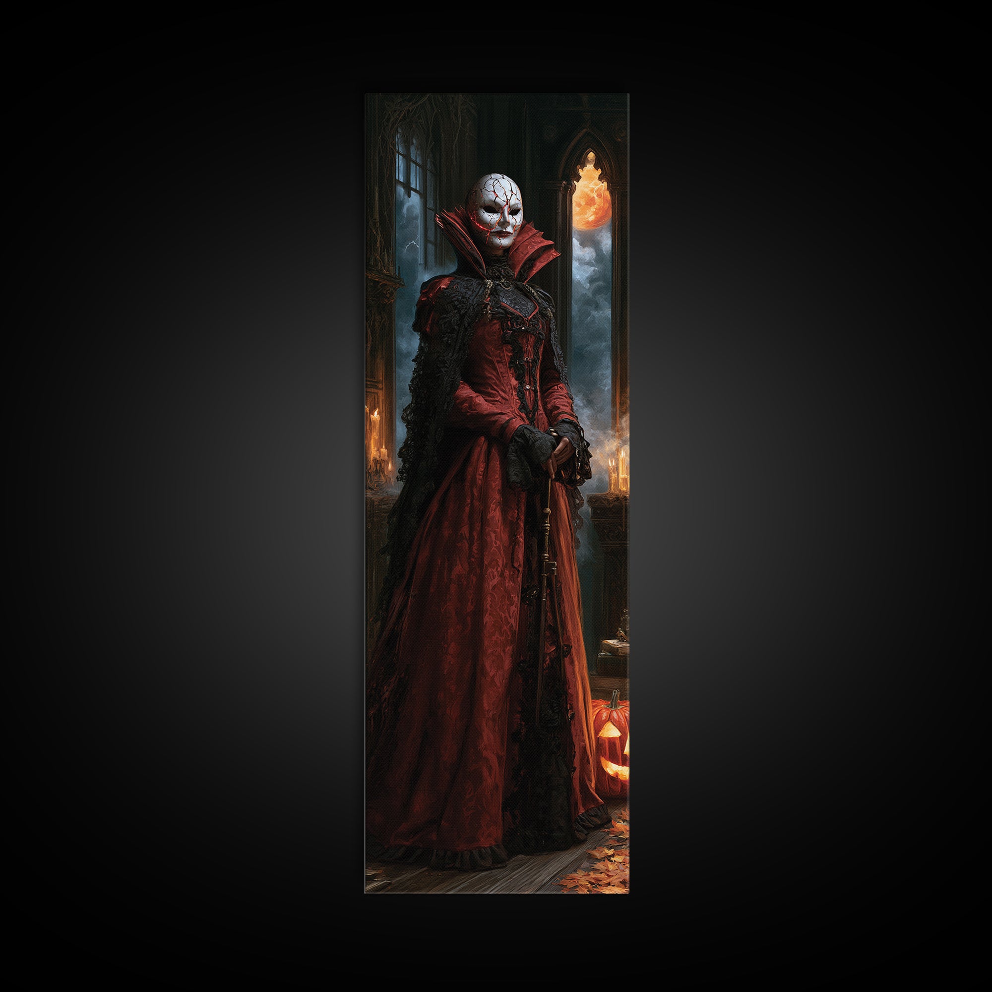 The Cracked Porcelain Mask, Macabre Victorian Decor, Tall Narrow Wall Art, Canvas Print, Gothic Wall Decor, Halloween Portrait Art