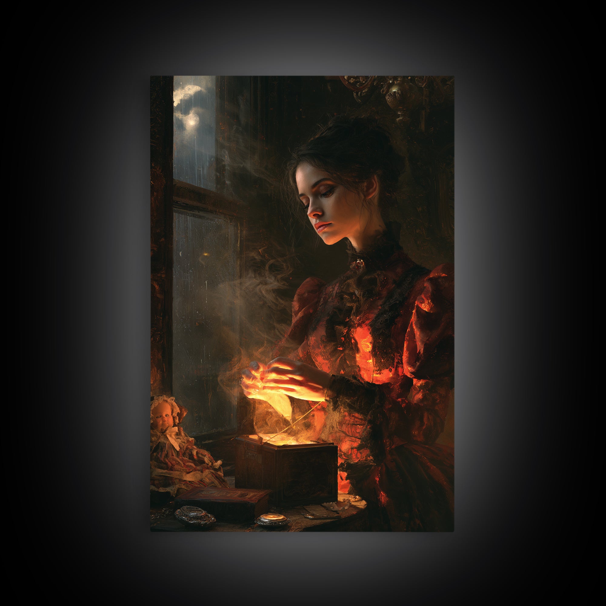 The Haunted Music Box, Victorian Horror Portrait, Vertical Wall Art, Framed Canvas Print, Gothic Wall Decor, Halloween Portrait Art