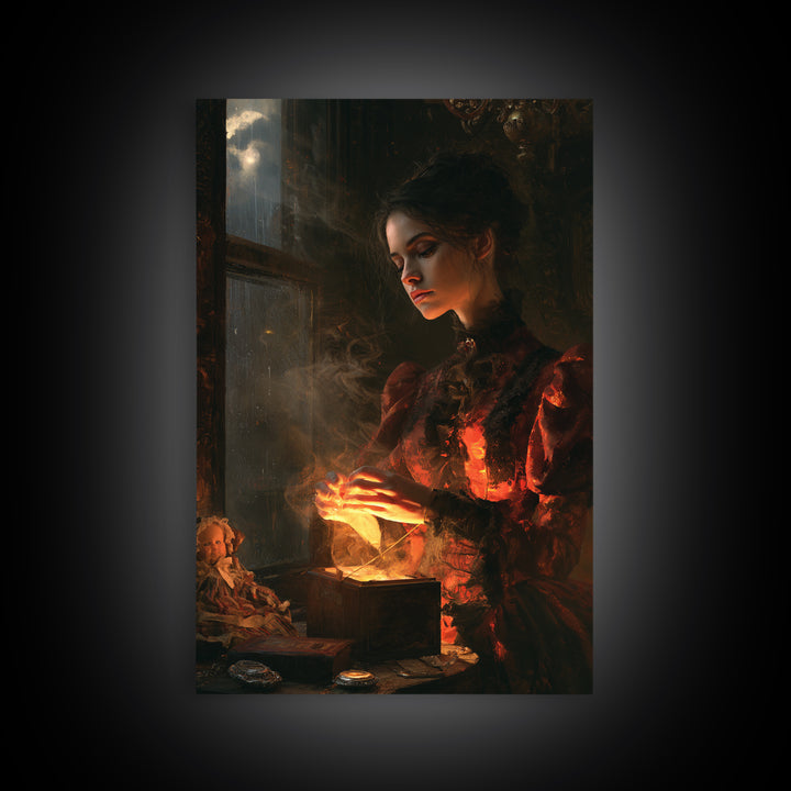 The Haunted Music Box, Victorian Horror Portrait, Vertical Wall Art, Framed Canvas Print, Gothic Wall Decor, Halloween Portrait Art
