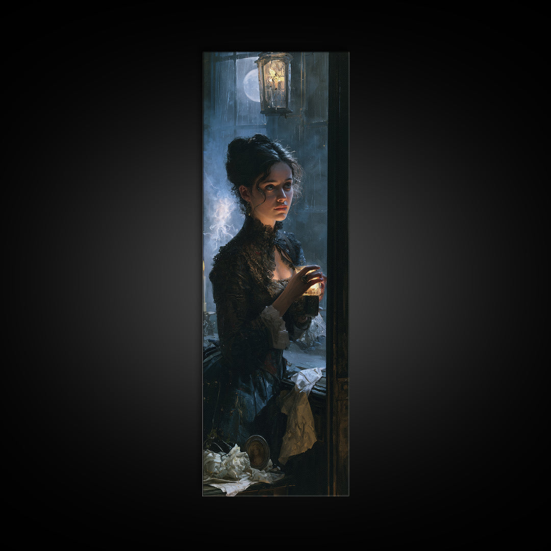 The Haunted Music Box, Antique Gothic Portrait, Tall Narrow Wall Art, Canvas Print, Gothic Wall Decor, Halloween Portrait Art