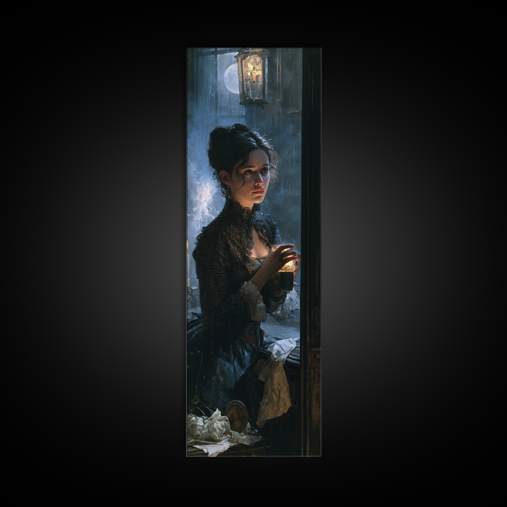 The Haunted Music Box, Antique Gothic Portrait, Tall Narrow Wall Art, Canvas Print, Gothic Wall Decor, Halloween Portrait Art