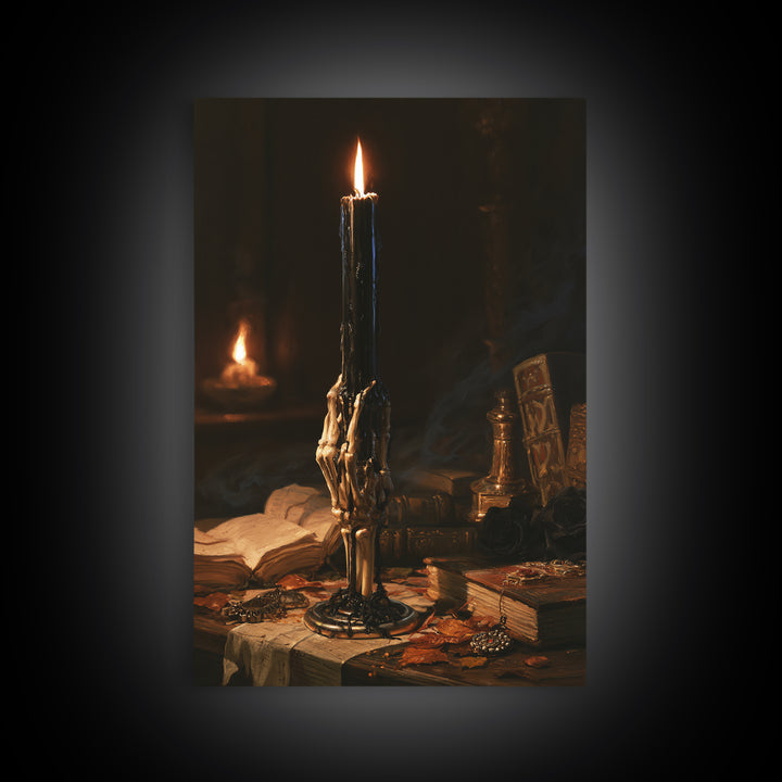 The Skeletal Hand Candleholder, Victorian Horror Portrait, Vertical Wall Art, Canvas Print, Gothic Wall Decor, Halloween Portrait Art