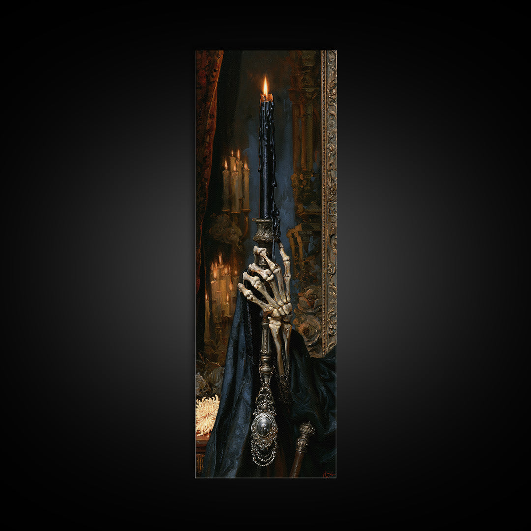 The Skeletal Hand Candleholder, Victorian Horror Portrait, Tall Narrow Wall Art, Framed Canvas Print, Gothic Wall Decor, Macabre Wall Art