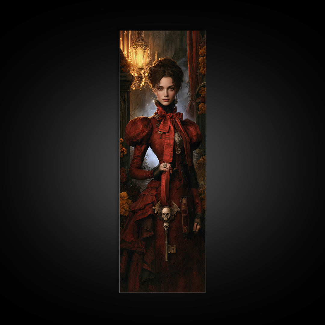 The Coffin Key, Antique Gothic Portrait, Tall Narrow Wall Art, Framed Canvas Print, Gothic Wall Decor, Halloween Portrait Art