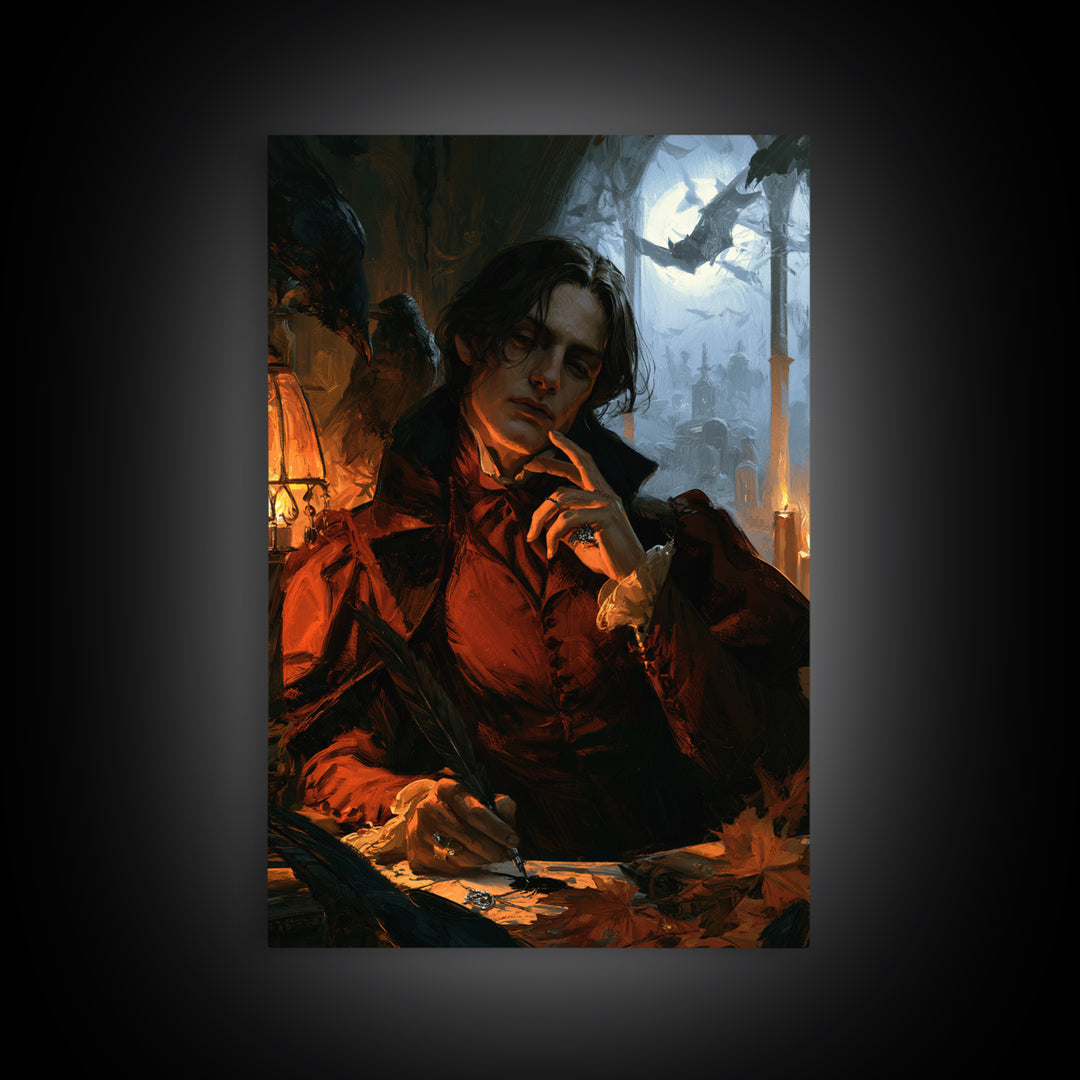 The Raven-Feather Quill, Dark Academia Wall Art, Vertical Wall Art, Canvas Print, Gothic Wall Decor, Halloween Portrait Art, Horror Wall Art