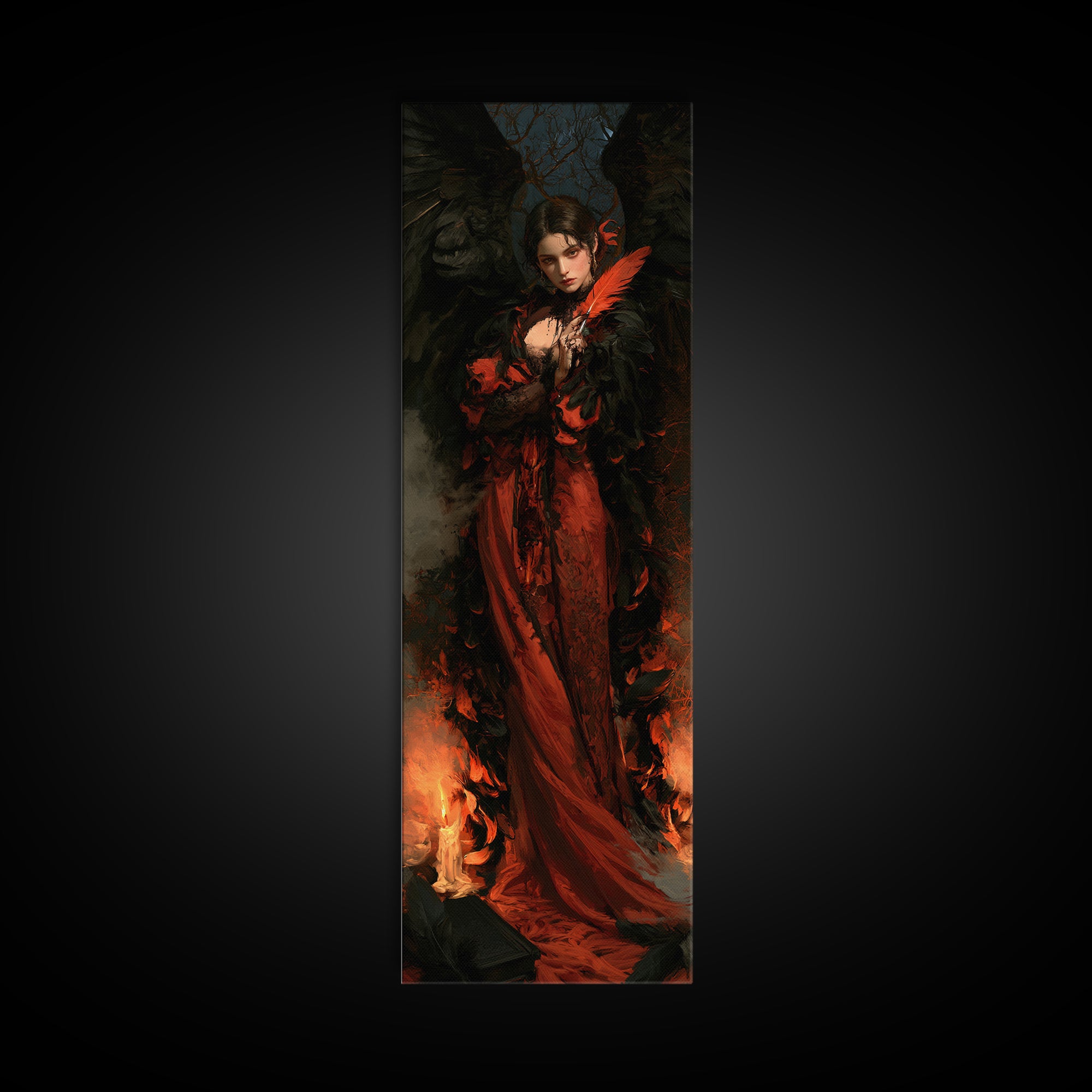 The Raven-Feather Quill, Victorian Horror Portrait, Tall Narrow Wall Art, Canvas Print, Gothic Wall Decor, Halloween Portrait Art