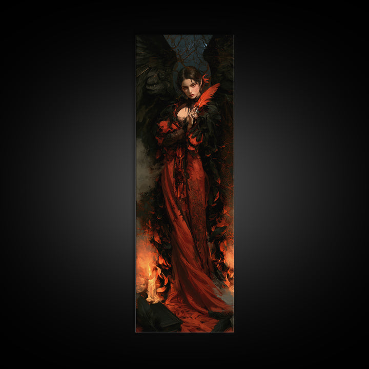 The Raven-Feather Quill, Victorian Horror Portrait, Tall Narrow Wall Art, Canvas Print, Gothic Wall Decor, Halloween Portrait Art