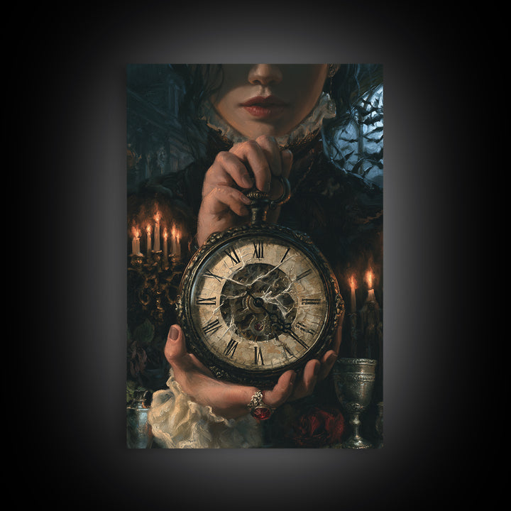The Cursed Pocket Watch, Victorian Horror Portrait, Vertical Wall Art, Framed Canvas Print, Gothic Wall Decor, Halloween Portrait Art