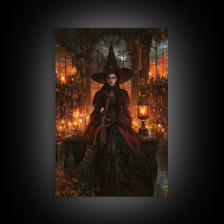 The Witch'S Broom, Dark Academia Wall Art, Vertical Wall Art, Framed Canvas Print, Gothic Wall Decor, Halloween Portrait Art