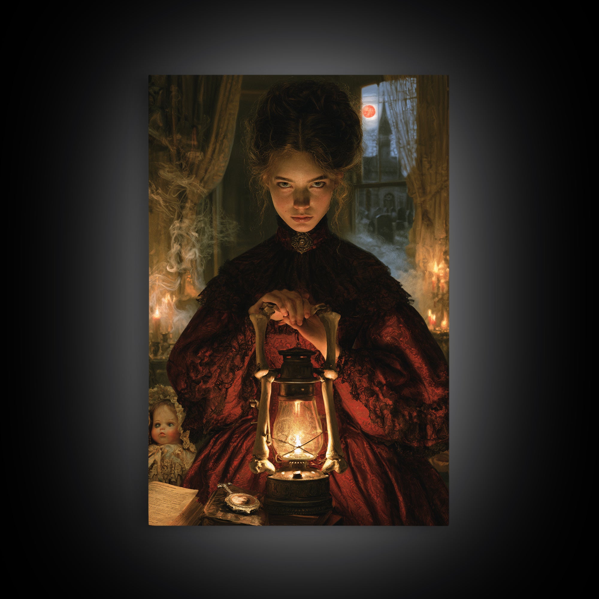 The Bone-Handled Lantern, Antique Gothic Portrait, Vertical Wall Art, Canvas Print, Gothic Wall Decor, Halloween Portrait Art