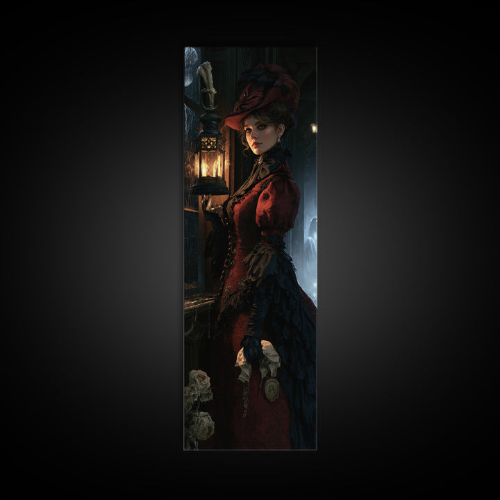 The Bone-Handled Lantern, Victorian Horror Portrait, Tall Narrow Wall Art, Framed Canvas Print, Gothic Wall Decor, Halloween Portrait Art
