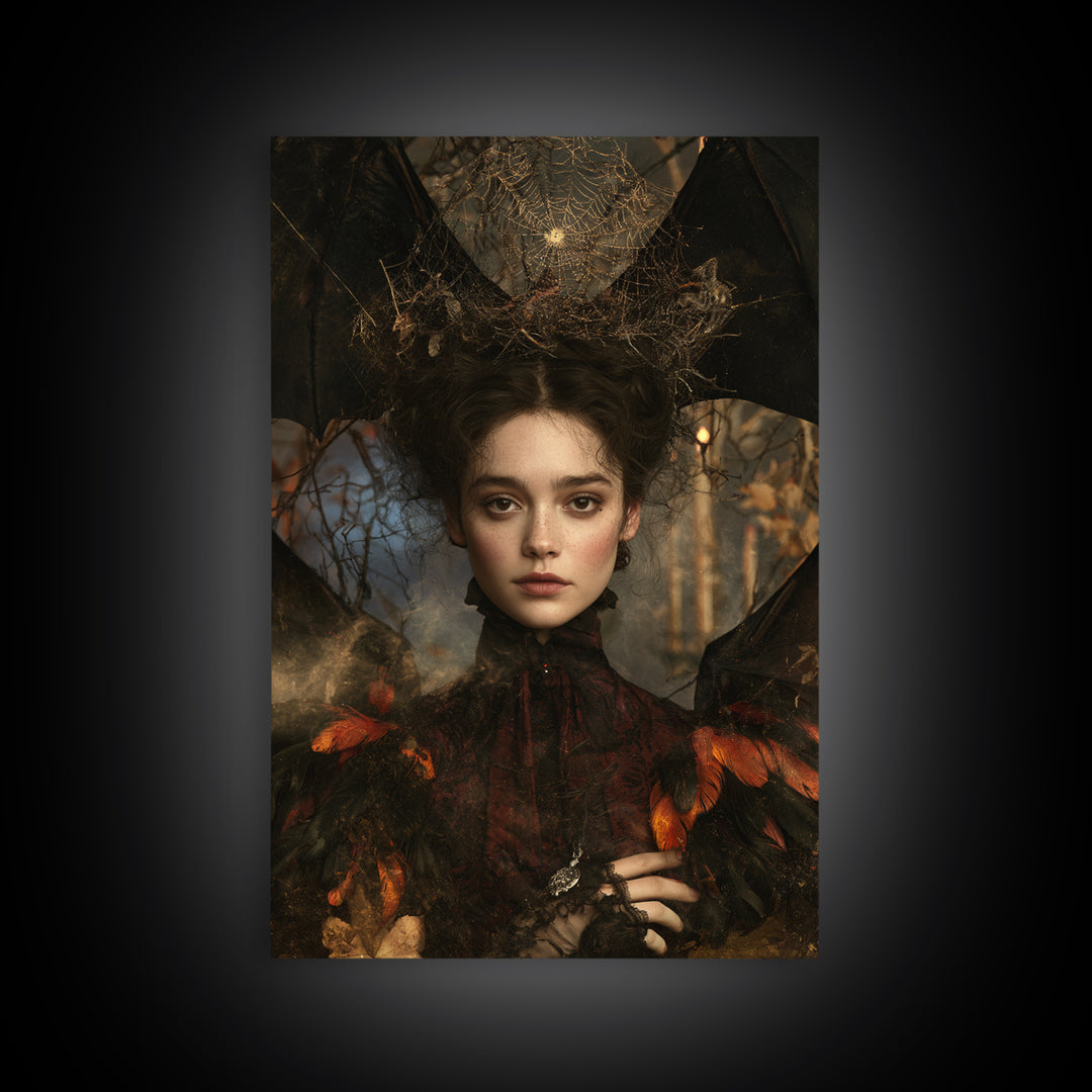 The Spiderweb Crown, Antique Gothic Portrait, Vertical Wall Art, Canvas Print, Gothic Wall Decor, Halloween Portrait Art, Macabre Wall Art