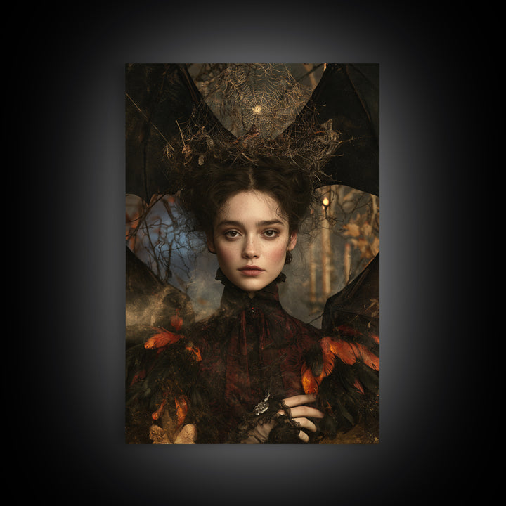 The Spiderweb Crown, Antique Gothic Portrait, Vertical Wall Art, Canvas Print, Gothic Wall Decor, Halloween Portrait Art, Macabre Wall Art