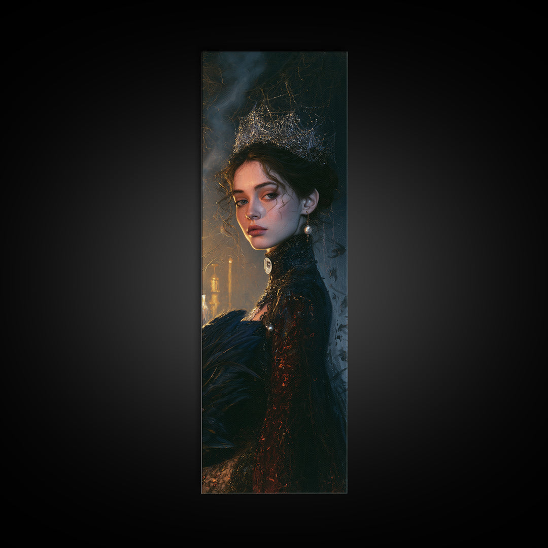 The Spiderweb Crown, Antique Gothic Portrait, Tall Narrow Wall Art, Canvas Print, Gothic Wall Decor, Halloween Portrait Art