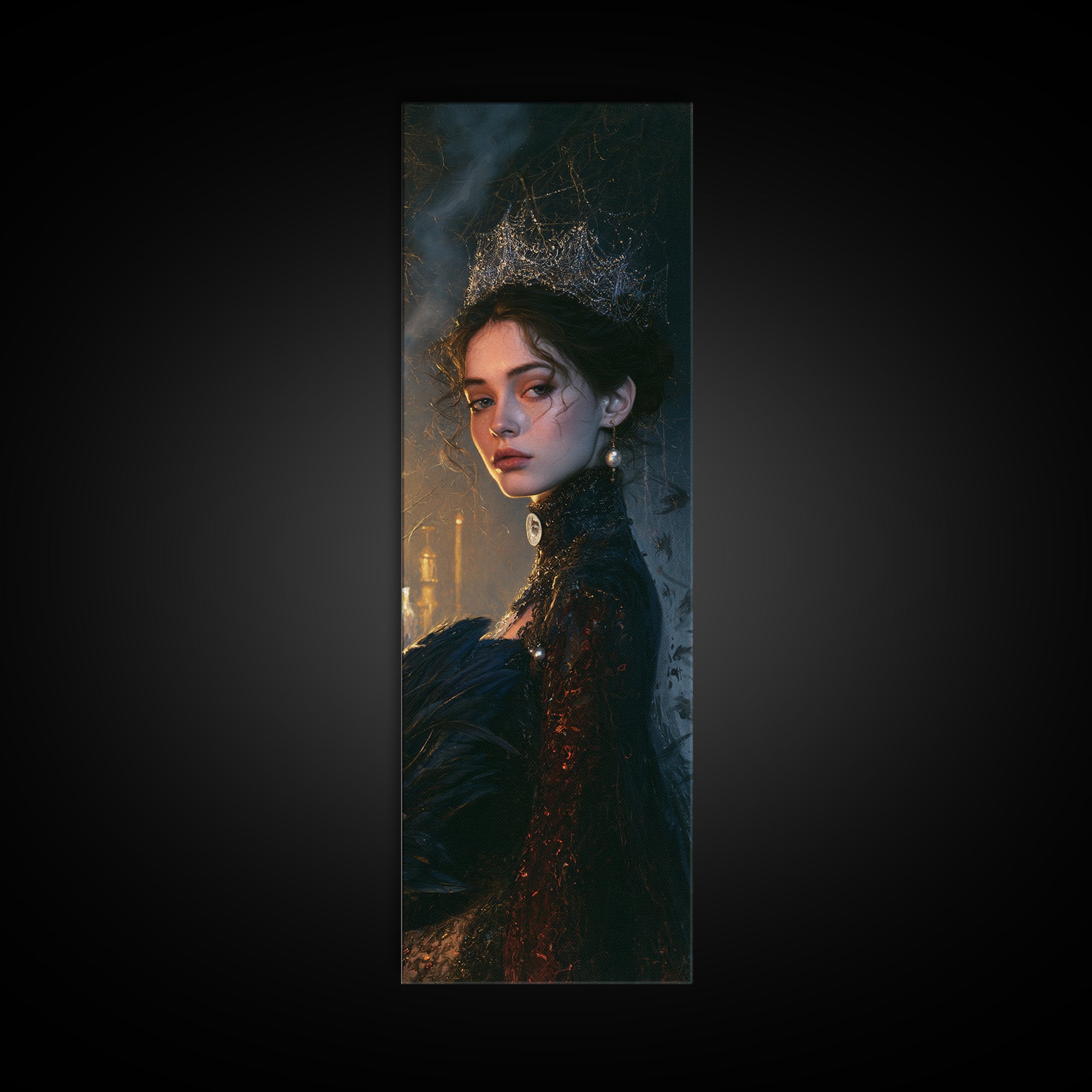 The Spiderweb Crown, Antique Gothic Portrait, Tall Narrow Wall Art, Canvas Print, Gothic Wall Decor, Halloween Portrait Art
