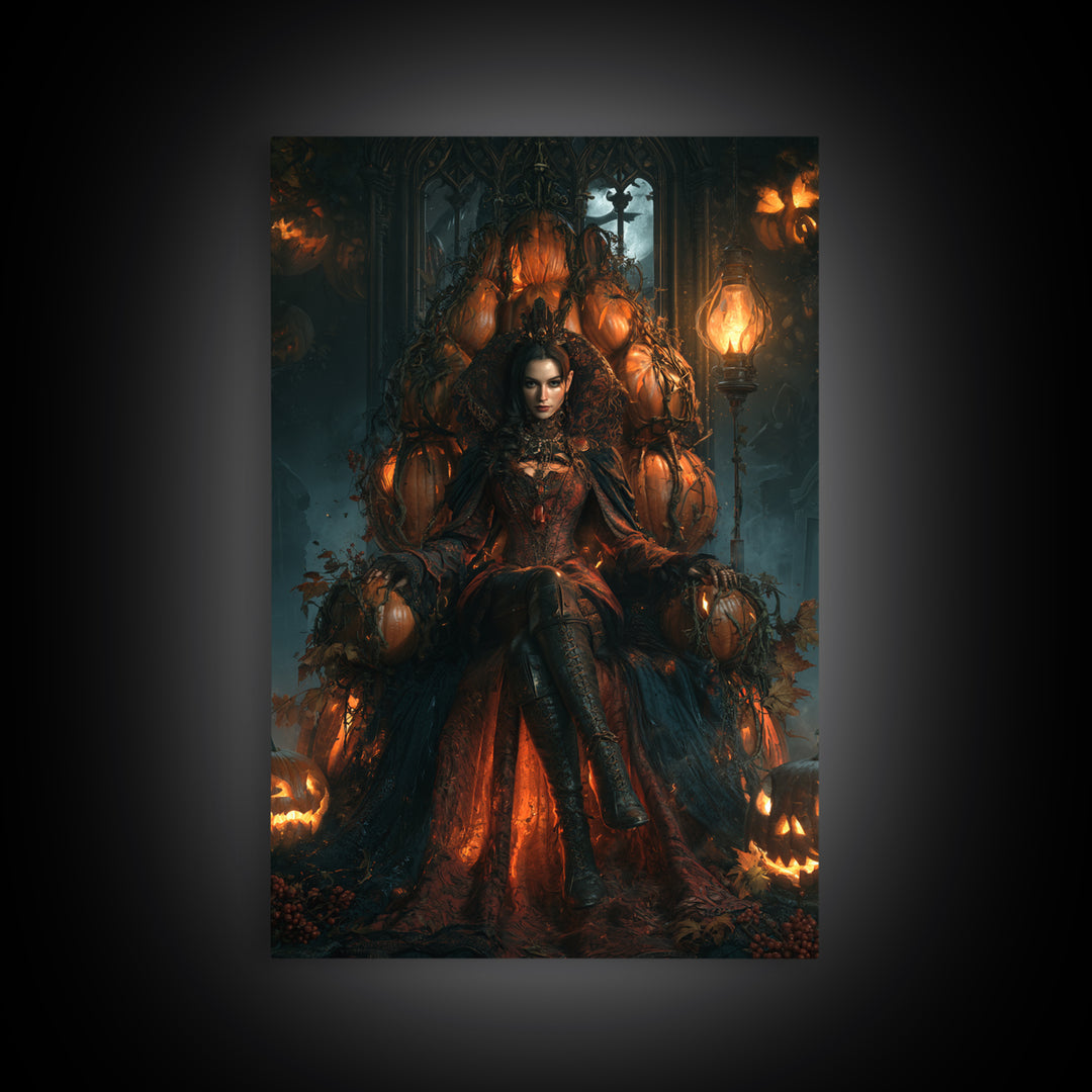 The Jack-O'-Lantern Throne, Victorian Horror Portrait, Vertical Wall Art, Framed Canvas Print, Gothic Wall Decor, Halloween Portrait Art