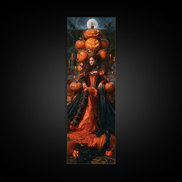 The Jack-O'-Lantern Throne, Macabre Victorian Decor, Tall Narrow Wall Art, Framed Canvas Print, Gothic Wall Decor, Halloween Portrait Art