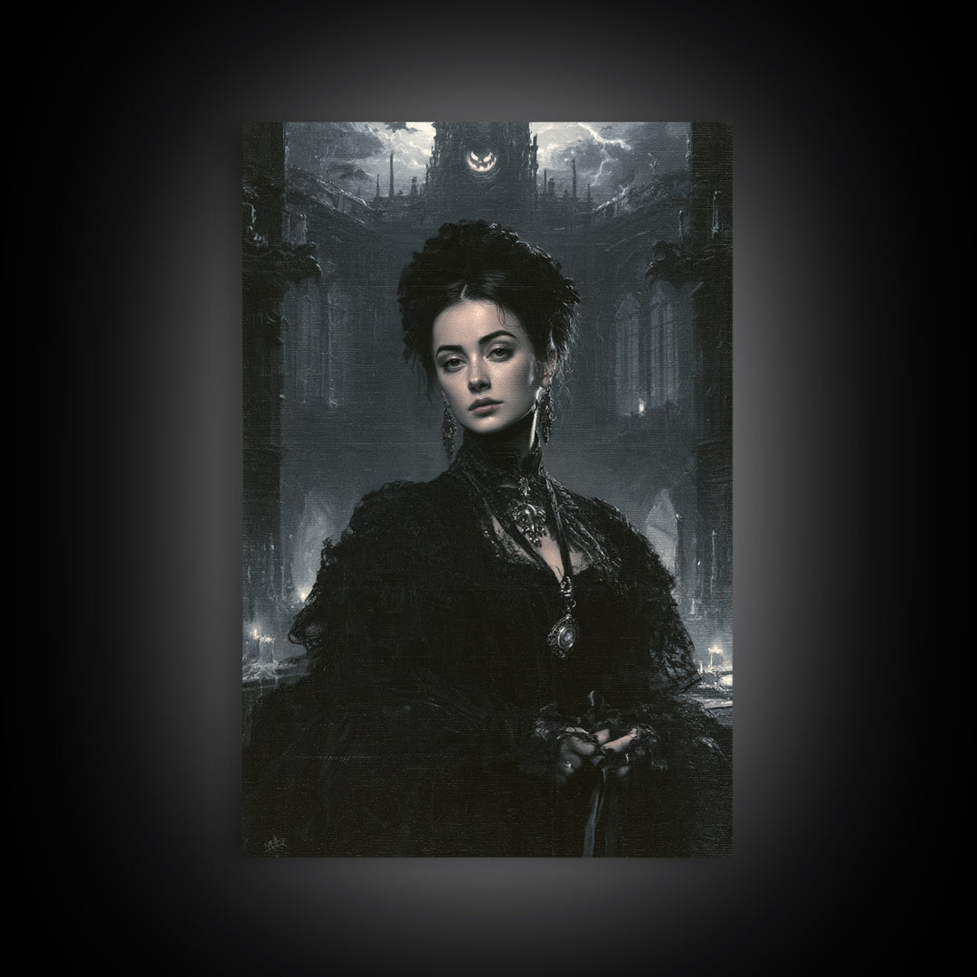 Monochrome Gothic Halloween, Macabre Victorian Decor, Vertical Wall Art, Canvas Print, Gothic Wall Decor, Halloween Portrait Art