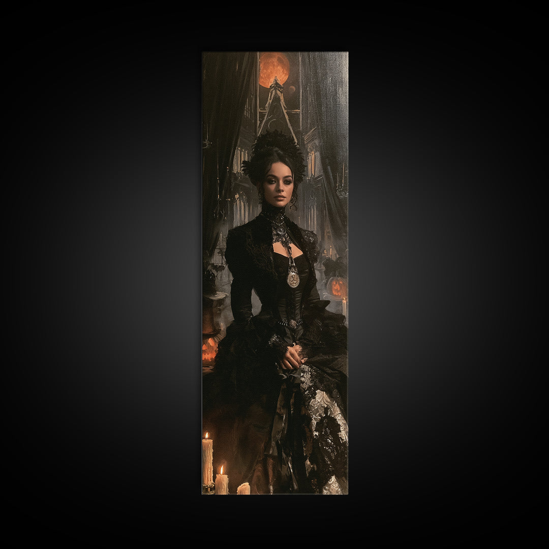 Monochrome Gothic Halloween, Victorian Gothic Art, Tall Narrow Wall Art, Canvas Print, Gothic Wall Decor, Halloween Portrait Art