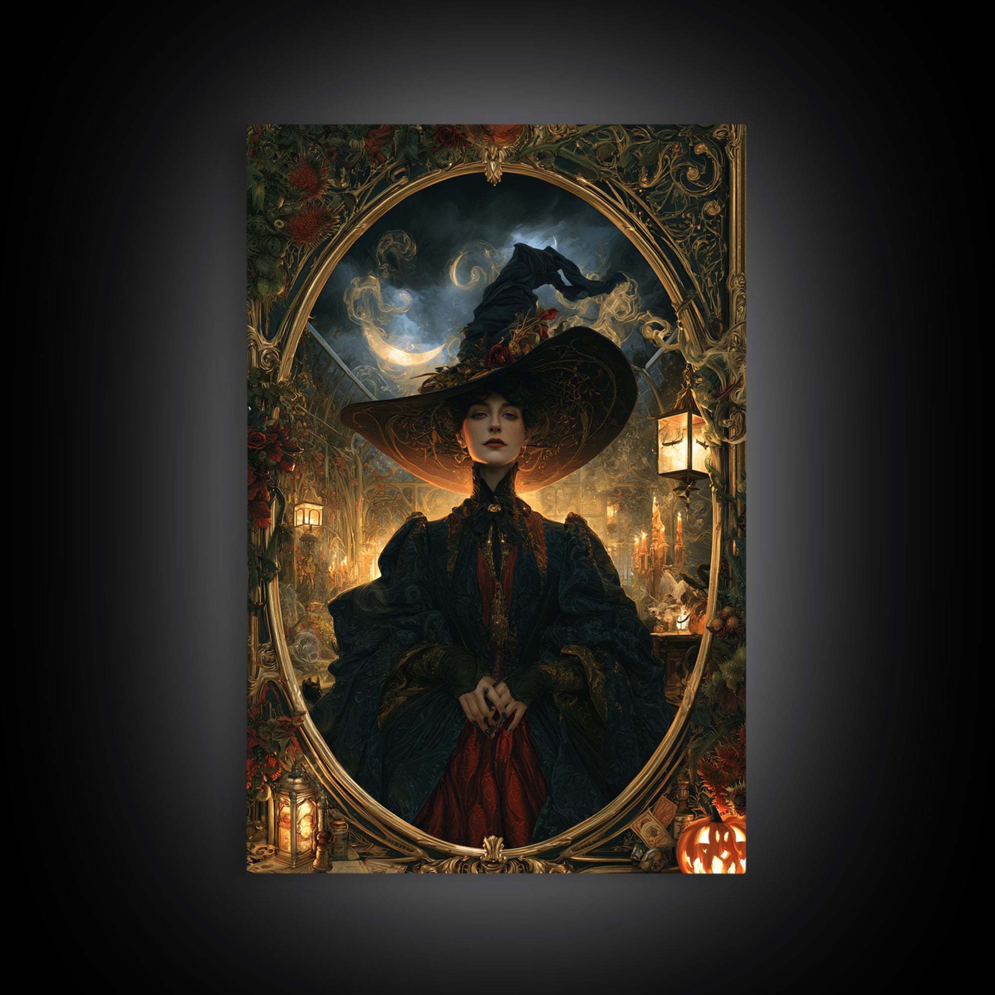 Art Nouveau Witchcraft, Victorian Gothic Art, Vertical Wall Art, Framed Canvas Print, Gothic Wall Decor, Halloween Portrait Art