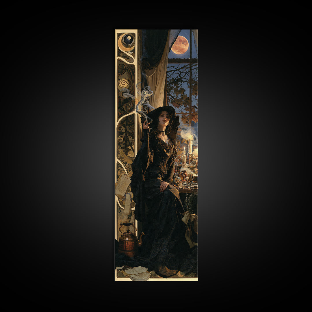Art Nouveau Witchcraft, Dark Academia Wall Art, Tall Narrow Wall Art, Canvas Print, Gothic Wall Decor, Halloween Portrait Art
