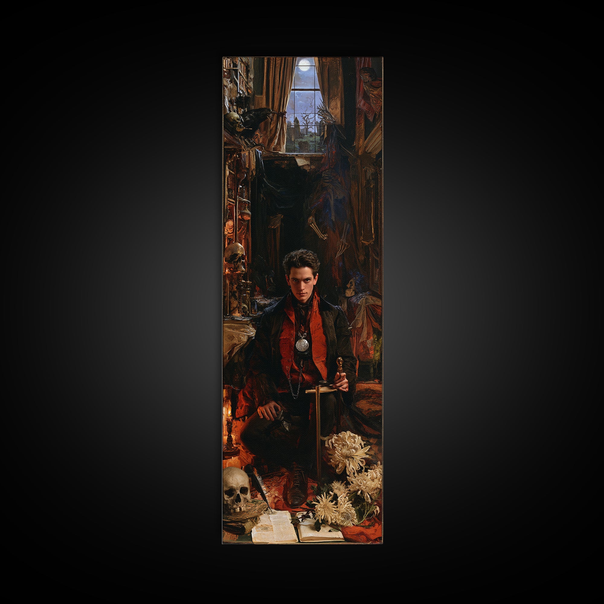 Dark Academia Halloween, Dark Academia Wall Art, Tall Narrow Wall Art, Canvas Print, Gothic Wall Decor, Halloween Portrait Art
