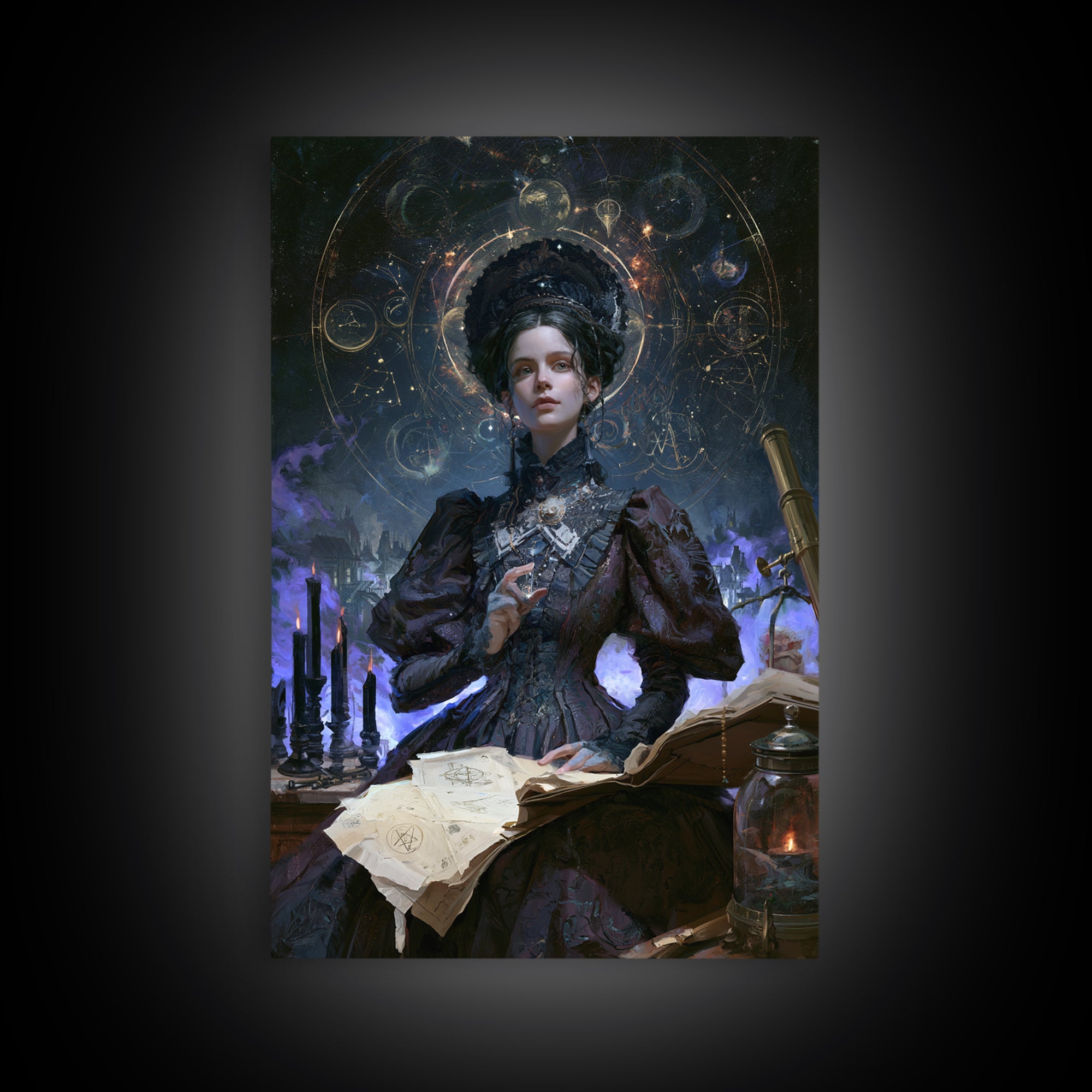 Celestial Witchcraft, Victorian Horror Portrait, Vertical Wall Art, Framed Canvas Print, Gothic Wall Decor, Halloween Portrait Art