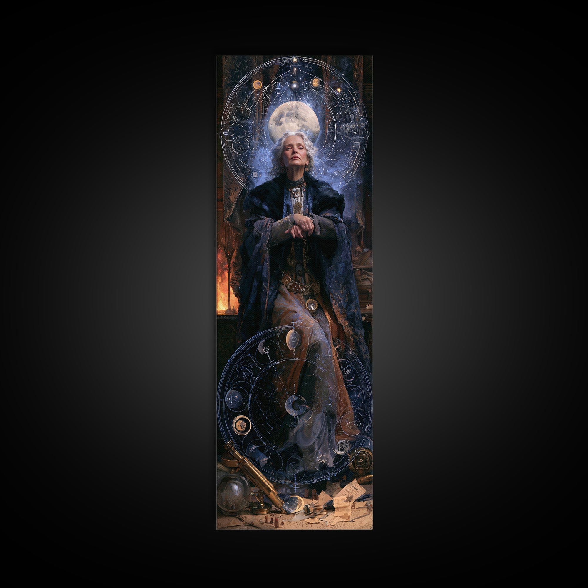 Celestial Witchcraft, Victorian Horror Portrait, Tall Narrow Wall Art, Canvas Print, Gothic Wall Decor, Halloween Portrait Art