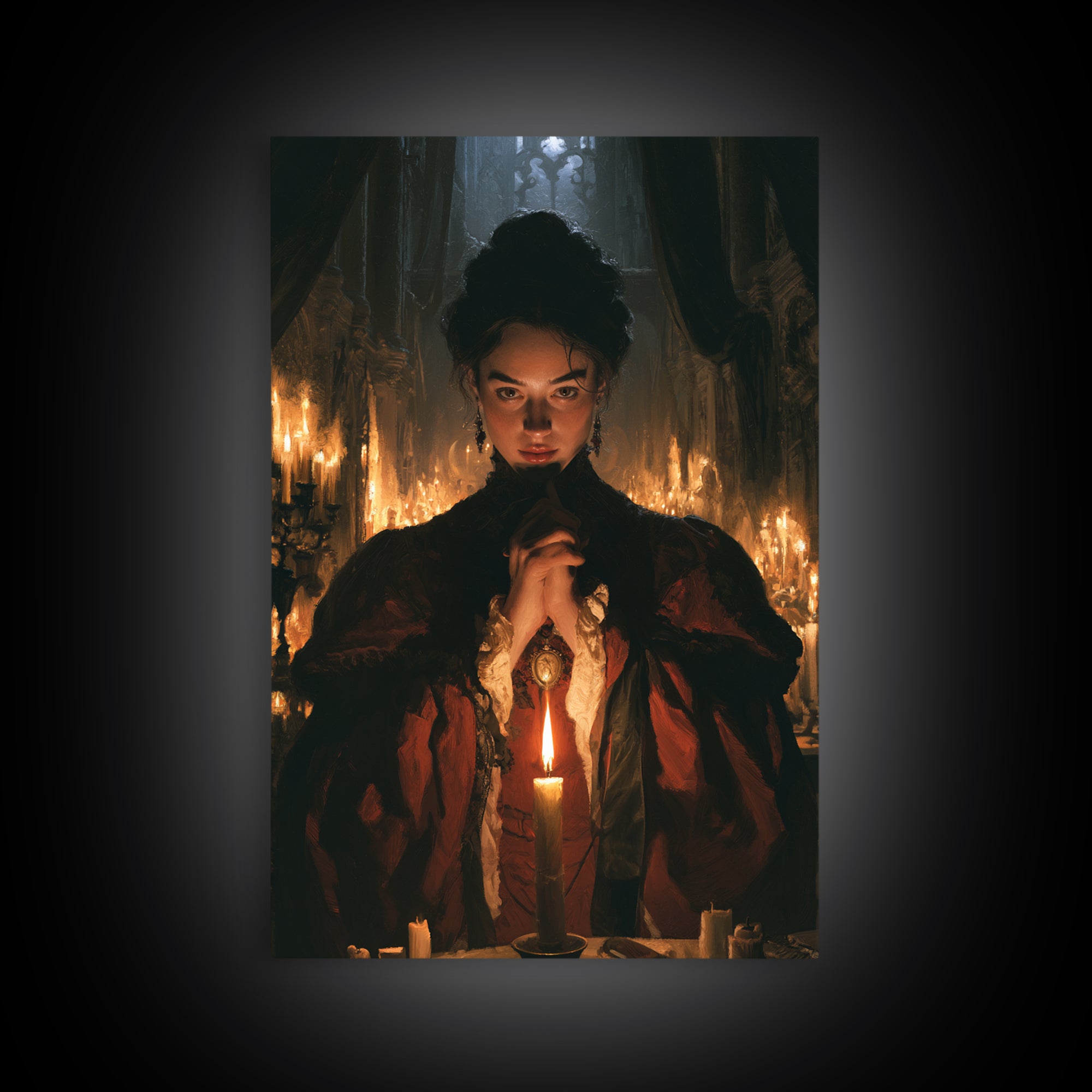 The Candlelit Crypt, Victorian Horror Portrait, Vertical Wall Art, Canvas Print, Gothic Wall Decor, Halloween Portrait Art