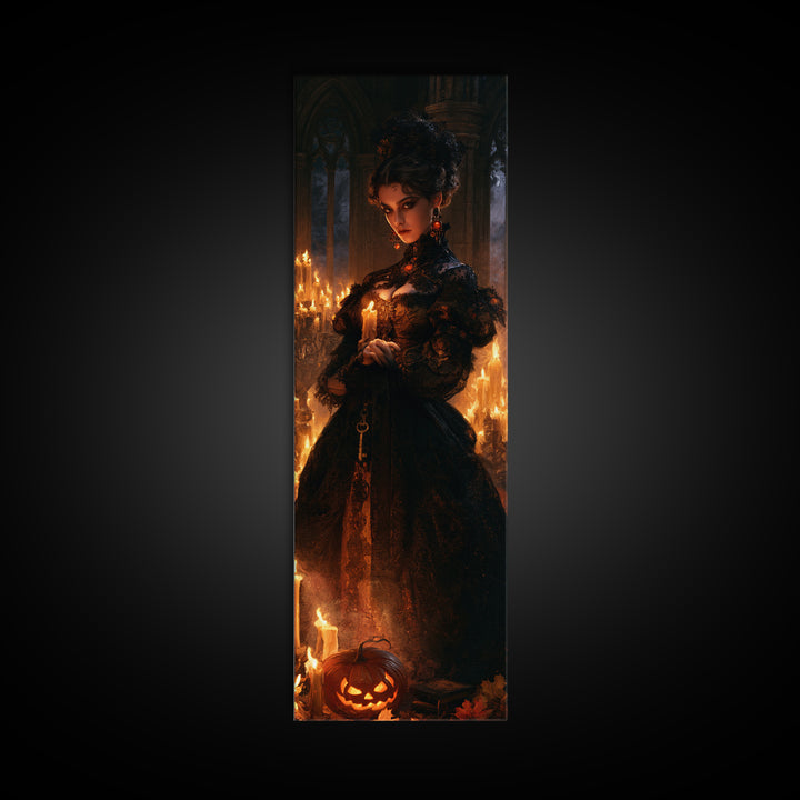 The Candlelit Crypt, Victorian Horror Portrait, Tall Narrow Wall Art, Canvas Print, Gothic Wall Decor, Halloween Portrait Art