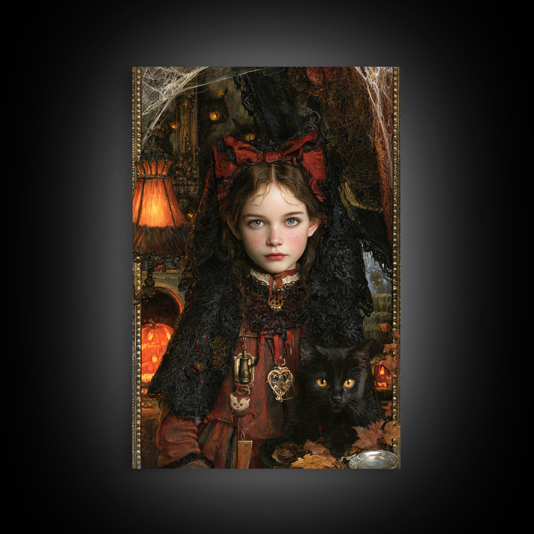 Black Lace And Cobwebs, Antique Gothic Portrait, Vertical Wall Art, Framed Canvas Print, Gothic Wall Decor, Halloween Portrait Art