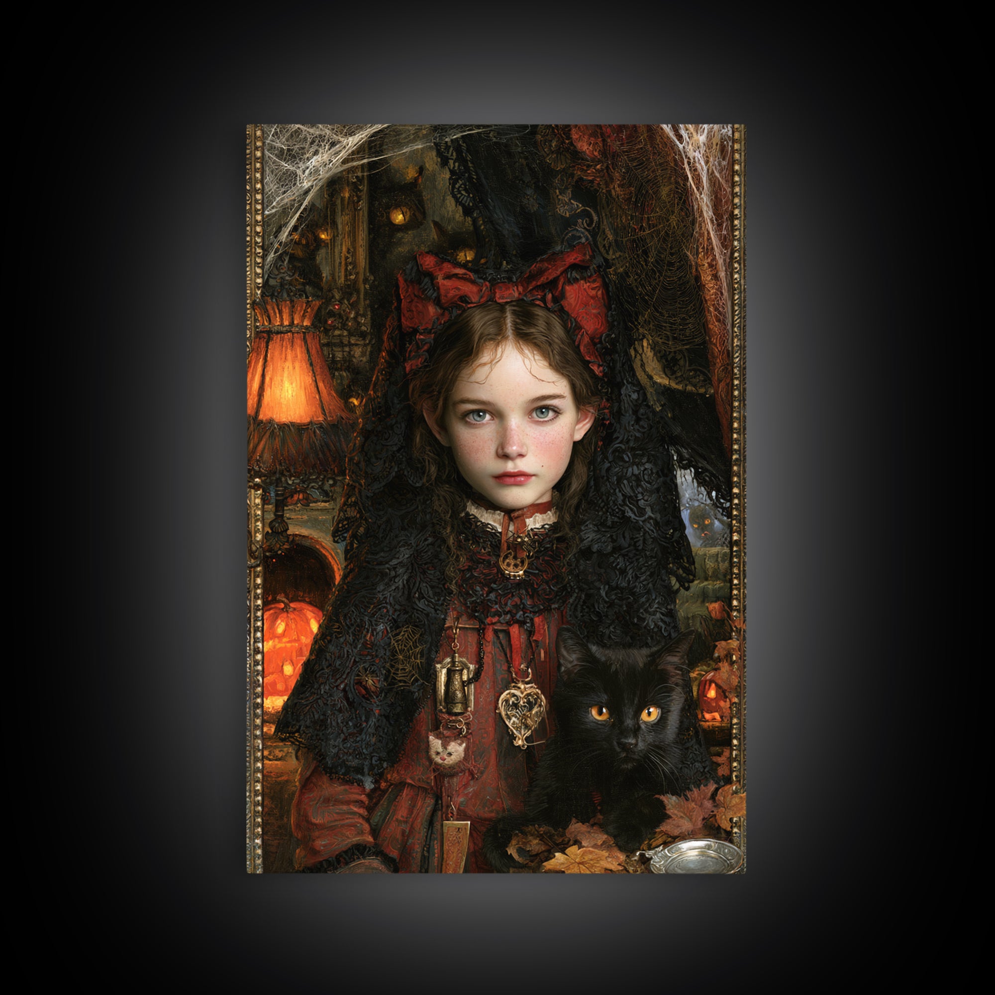 Black Lace And Cobwebs, Antique Gothic Portrait, Vertical Wall Art, Framed Canvas Print, Gothic Wall Decor, Halloween Portrait Art