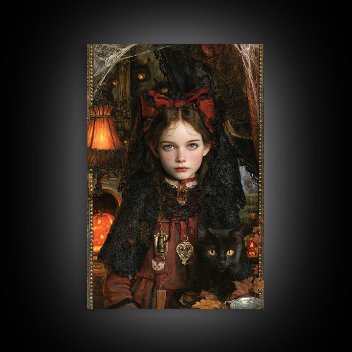 Black Lace And Cobwebs, Antique Gothic Portrait, Vertical Wall Art, Framed Canvas Print, Gothic Wall Decor, Halloween Portrait Art