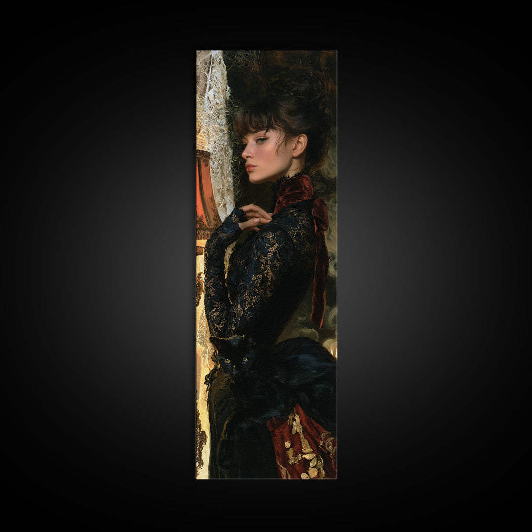 Black Lace And Cobwebs, Dark Academia Wall Art, Tall Narrow Wall Art, Framed Canvas Print, Gothic Wall Decor, Halloween Portrait Art
