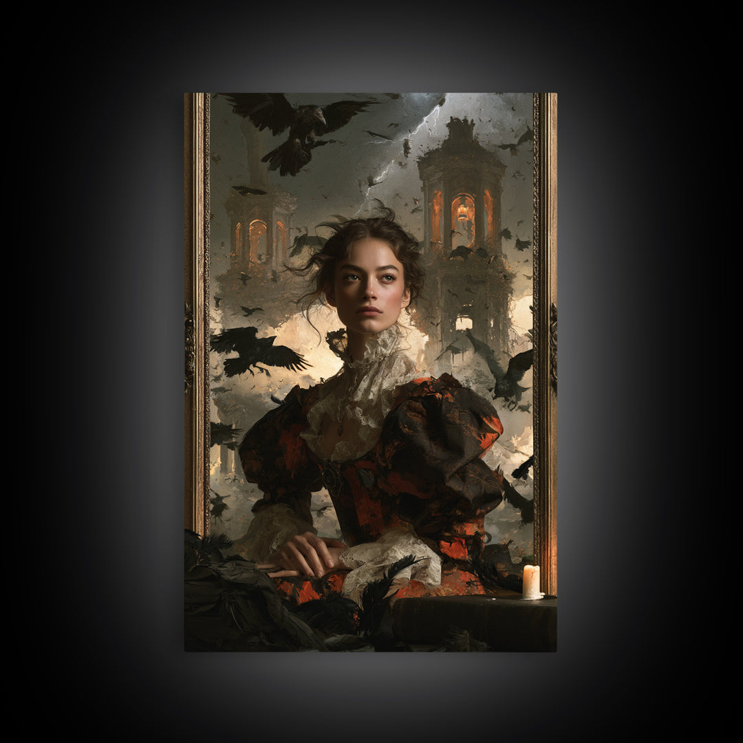 Ravens And Ruins, Victorian Gothic Art, Vertical Wall Art, Framed Canvas Print, Gothic Wall Decor, Halloween Portrait Art