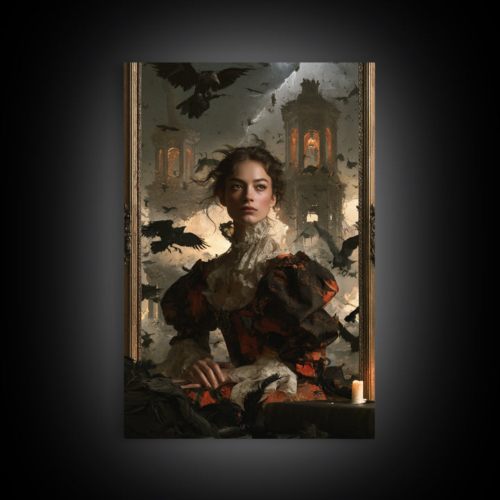 Ravens And Ruins, Victorian Gothic Art, Vertical Wall Art, Framed Canvas Print, Gothic Wall Decor, Halloween Portrait Art