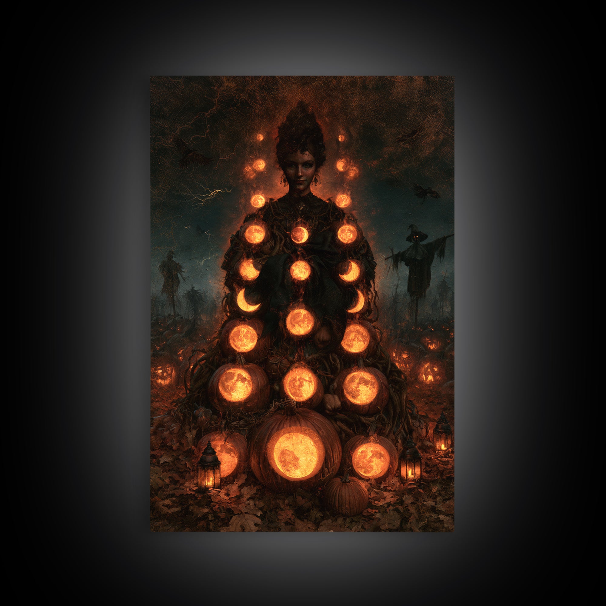 Pumpkins And Moon Phases, Victorian Horror Portrait, Vertical Wall Art, Canvas Print, Gothic Wall Decor, Halloween Portrait Art