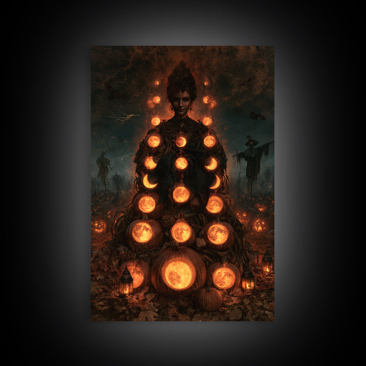 Pumpkins And Moon Phases, Victorian Horror Portrait, Vertical Wall Art, Canvas Print, Gothic Wall Decor, Halloween Portrait Art