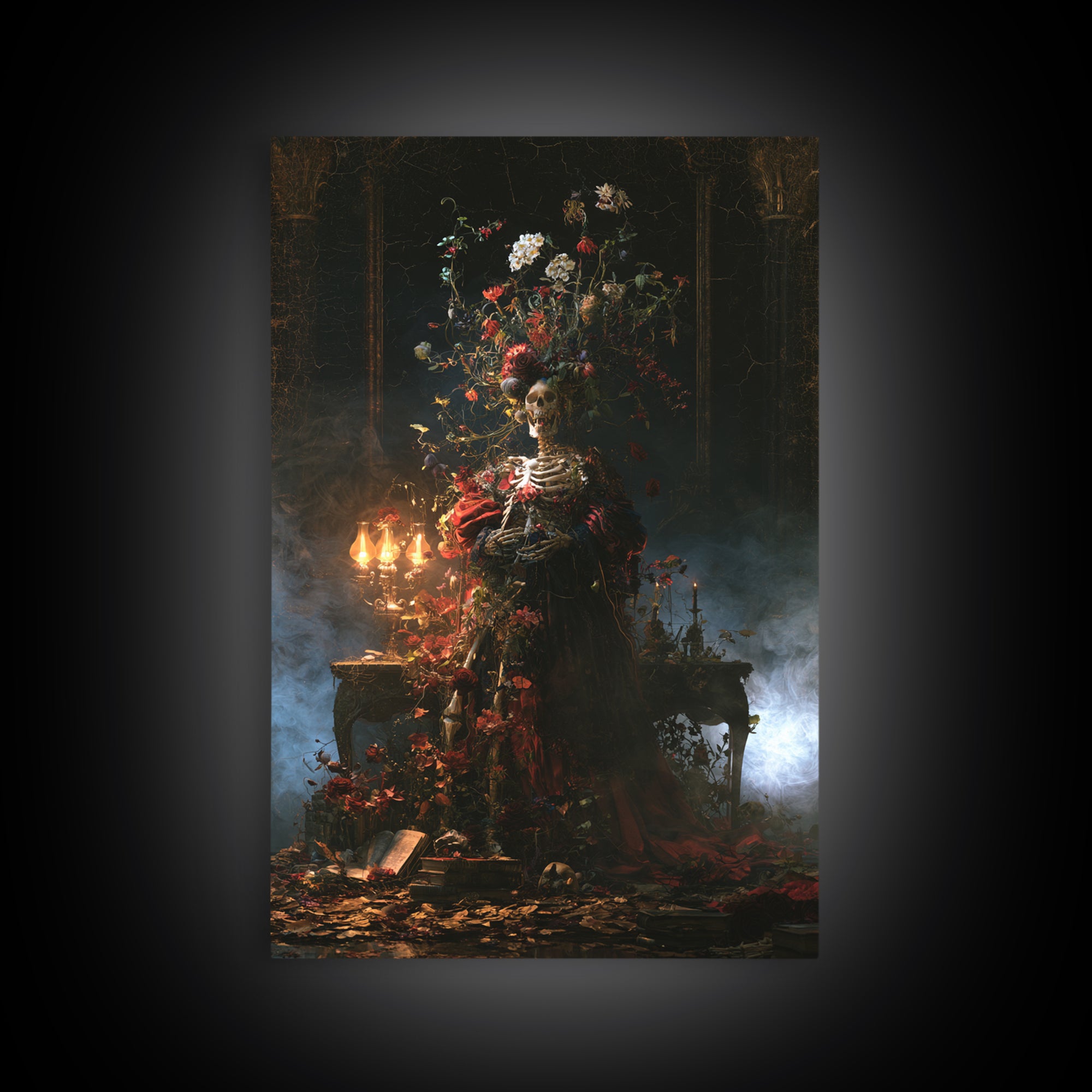 Skeletal Botanicals, Macabre Victorian Decor, Vertical Wall Art, Canvas Print, Gothic Wall Decor, Halloween Portrait Art, Spooky Wall Decor