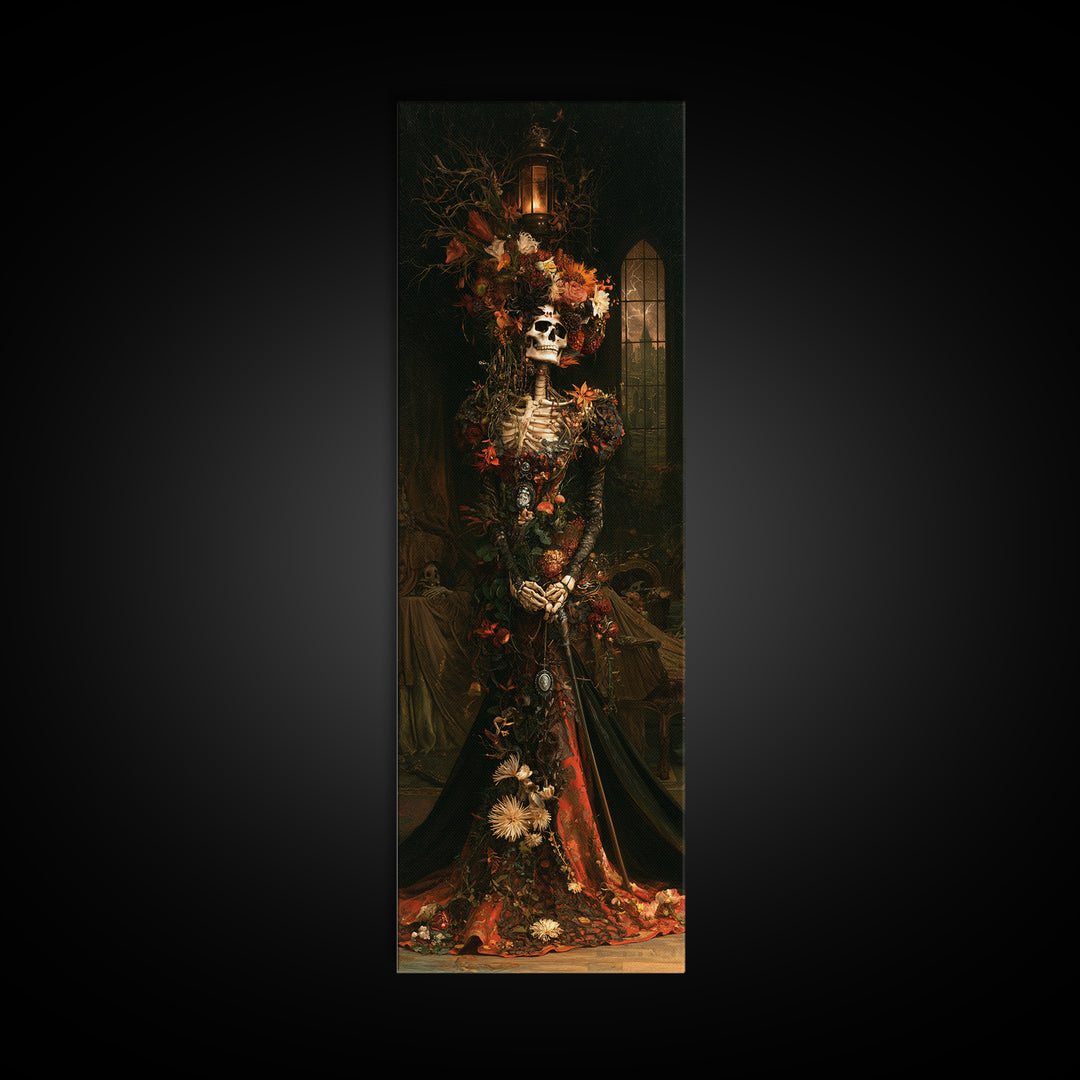 Skeletal Botanicals, Antique Gothic Portrait, Tall Narrow Wall Art, Canvas Print, Gothic Wall Decor, Halloween Portrait Art