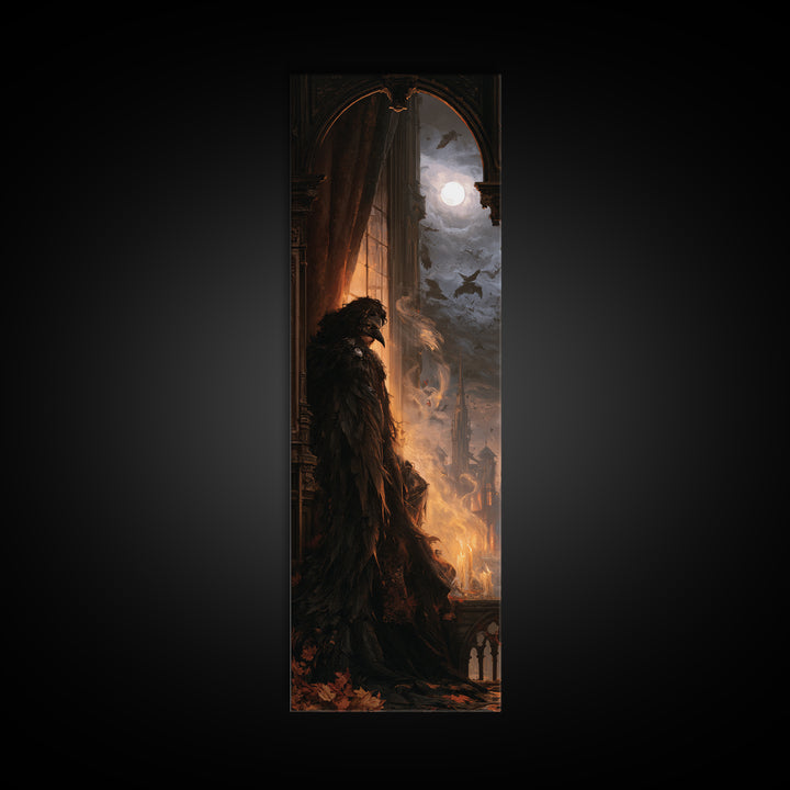 The Crow-Masked Assassin, Dark Academia Wall Art, Tall Narrow Wall Art, Canvas Print, Gothic Wall Decor, Halloween Portrait Art